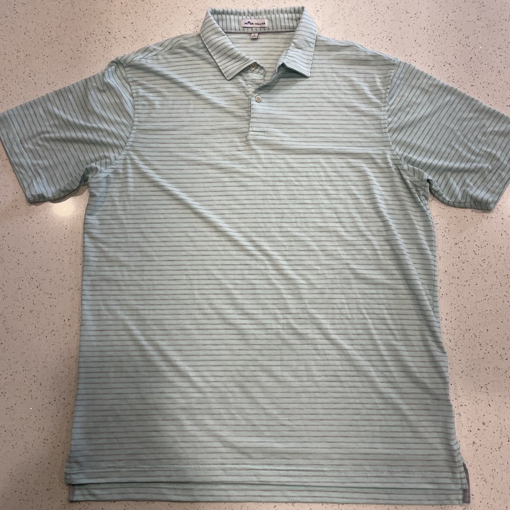 Peter Millar Mens‎ Shirt  Large Green Stripe Cotton Short Sleeve Pullover